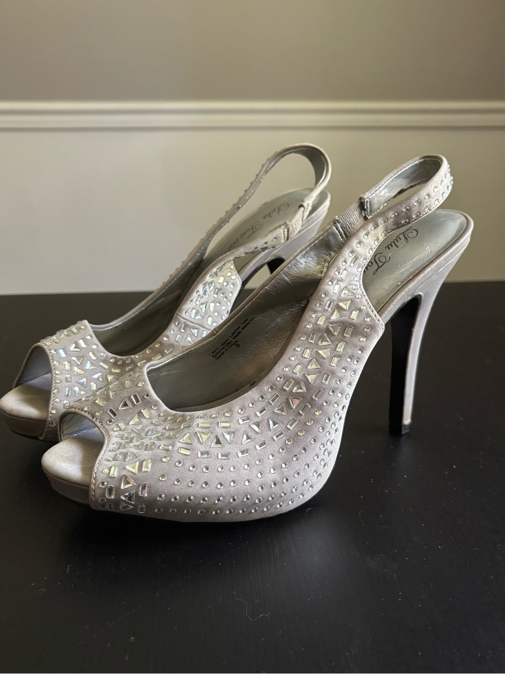 Lulu Townsend Silver Crystal-Embellished Peep-Toe Slingback Heels